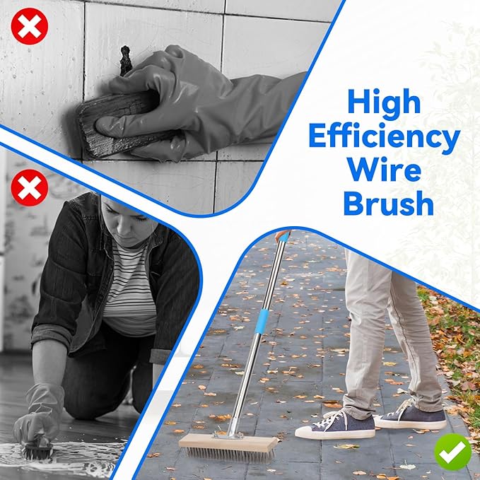 Heavy Duty Wire Broom with 70.8" Telescopic Handle: Stainless Steel Outdoor Broom for Cleaning Moss Concrete Floors Grout Gardens Patio Deck Concrete Garage (Style 2)