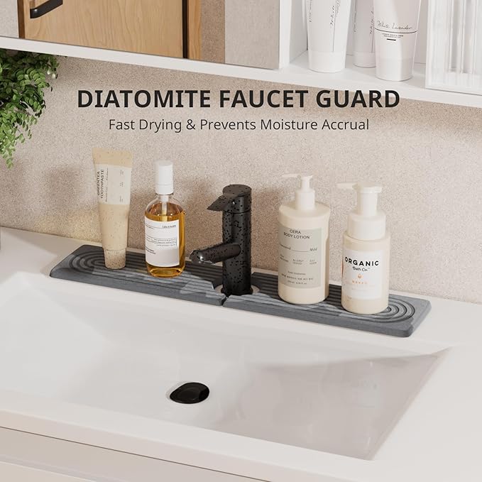 Quick Dry Sink Splash Guard - 15.8" Instant Dry Stone Sink Tray for Faucets - Absorbent Diatomaceous Earth Faucet Mat for Kitchen Countertop and Bathroom - Dark Gray