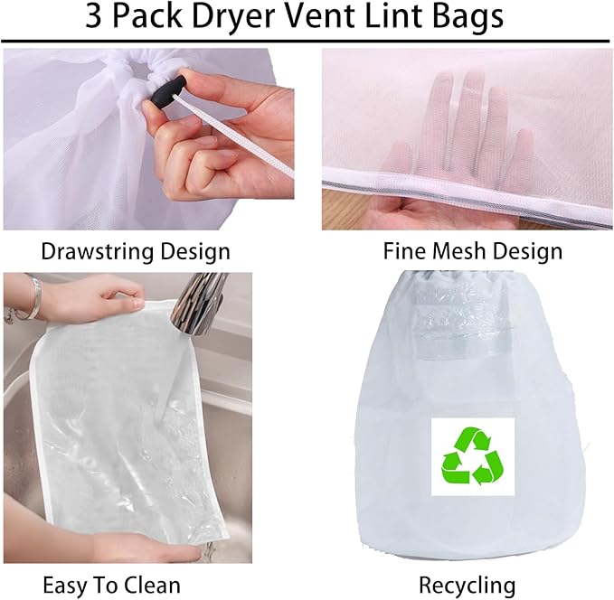 3 Pack Dryer Vent Lint Catcher Bag,Indoor Outdoor Dryer lint Catcher Trap and Filter for Ventless Dryer Vent and Dust to Solve The Problem of Lint Dust