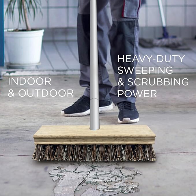 LOLA Heavy-Duty Deck Scrub Brush, 9" x 3.5" Head w/Palmyra & PVC Bristles for Outdoor Cleaning, Removes Dirt & Grime from Patios, Decks, Grout, 1 CT