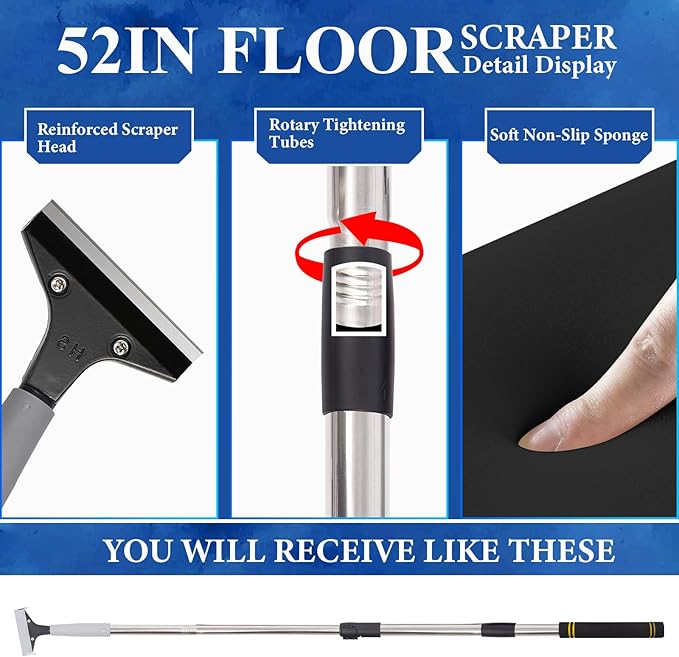 4"Razor Blade Floor Scraper with Long Handle,61in Adjustable Floor Scraper Heavy Duty with 10PCS Extra Metal Blades Paint Scraper for Cleaning Stickers Gum Glass Wall Tile (Silvery 52in)