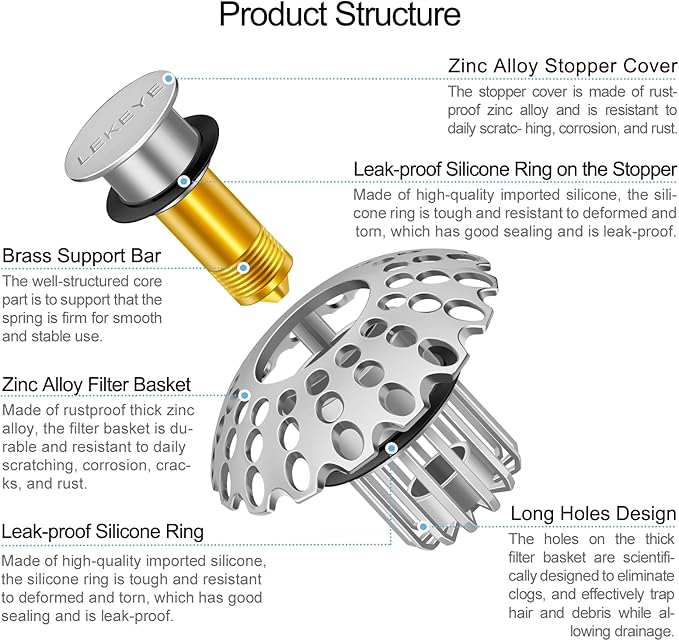 LEKEYE Bathroom Sink Stopper | Shower Drain Hair Catcher | Pop Up Sink Drain Plug | Bathroom Sink Drain Strainer for 1-1/8"to 1-3/8" to 1-1/2" Drain Holes- Pearl Chrome