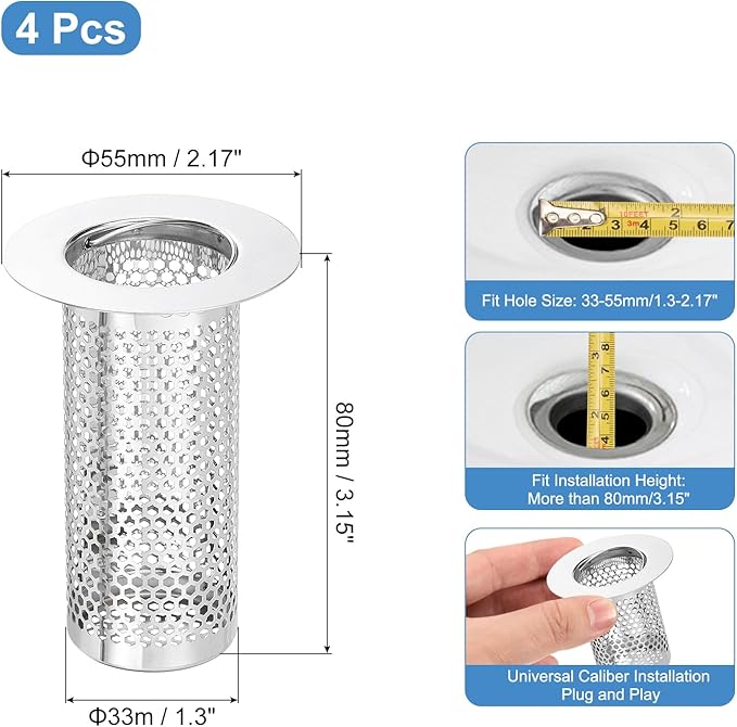 uxcell 4 Pack Shower Drain Strainer, 3.2" x 2.2" 304 Stainless Steel Floor Drain Strainer Deep Sink Hair Catcher for Kitchen Bathroom Balcony Floor Drain, Fit Hole Size from 1.3" to 2.2"