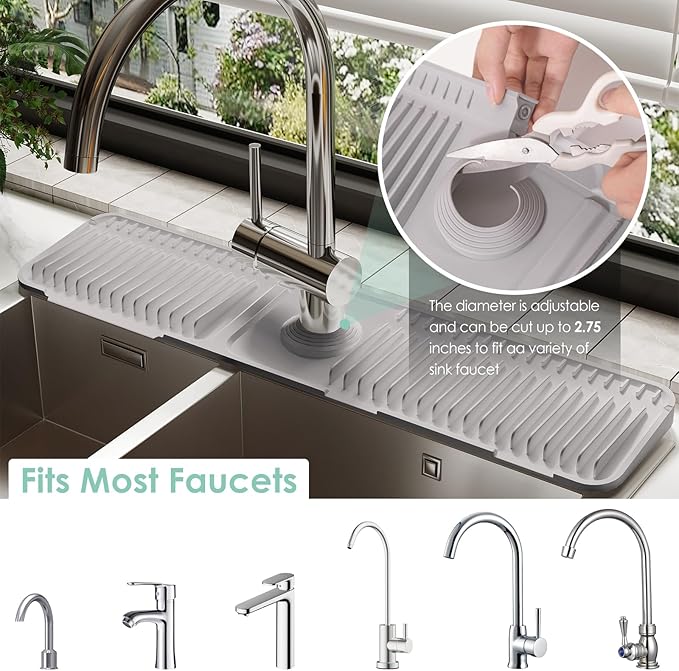 24 Inch Silicone Faucet Mat for Kitchen Sink Splash Guard - 7° Slope Water Draining Mat With Fasten Button for Bathroom Area (Gray, 24''x5.5'')