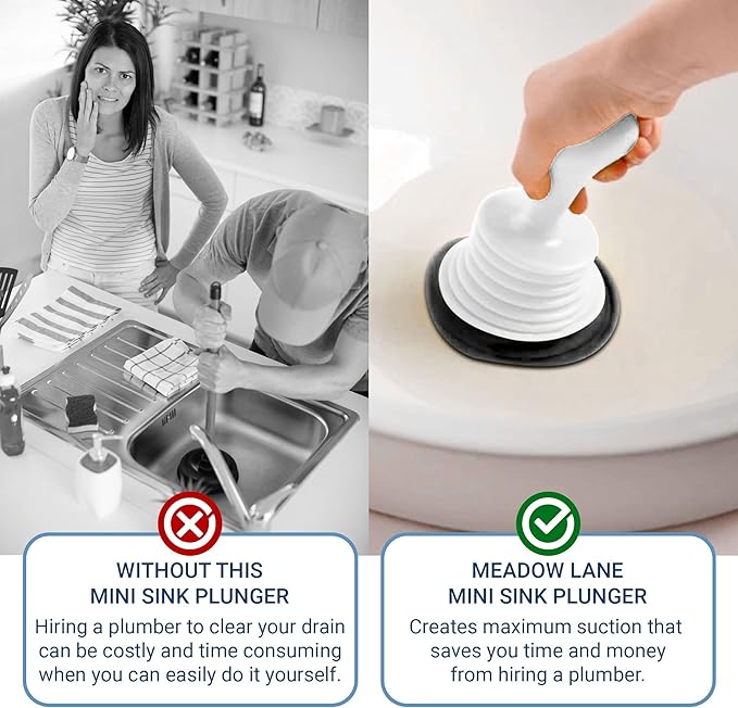 Meadow Lane Small 7" Sink Plunger - Mini Clog Remover for Kitchen & Bathroom Sink Drains - Hand Ergonomic, Space-Saving & Powerful Suction - Universal Fit for Home or Commercial Use, White