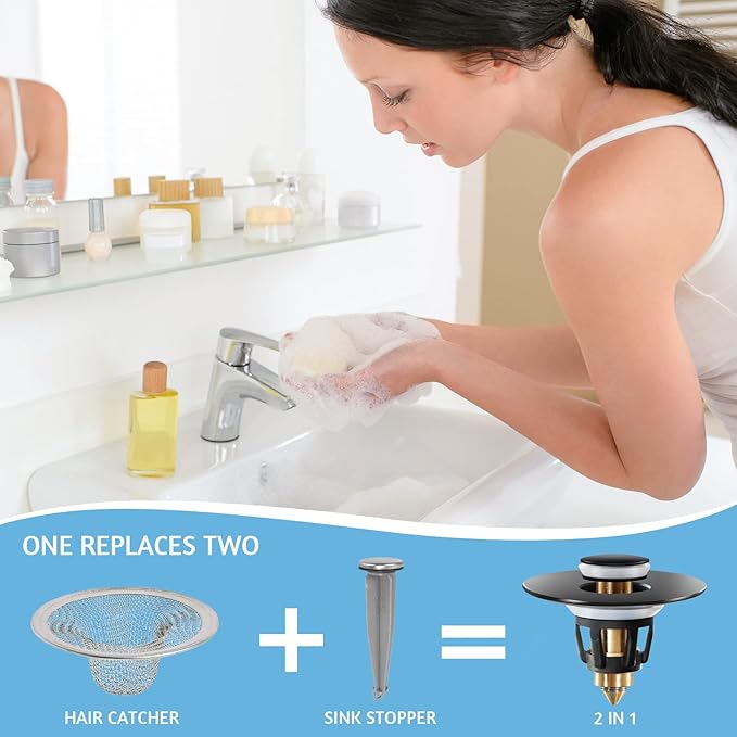 Black Bathroom Sink Stopper – Pop Up Drain Stopper & Sink Strainer, Universal Sink Plug for 1.1" to 1.5" Bathroom Sink Drain Pipes, Matte Black Finish