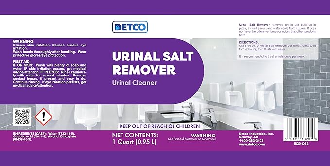 Urinal Salt Remover Concentrate - Safe on Pipes and Plumbing, Odor Control, Cleans Rust, Scale, and Uratic Salt Build-Up, 1 Quart