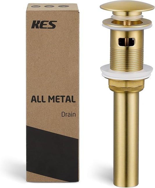 KES Vessel Sink Drain Pop Up Drain with Overflow Bathroom Stopper Assembly Brushed Gold for 1.6"-1.9" Sink Hole, All Metal Rustproof Brass and 304 Stainless Steel, S2008A-BZ