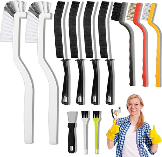 Crevice Cleaning Brush, Hard Bristle Cleaning Tool with Scraper, Grout Brush kit for Bathroom, Kitchen, Sink, Faucet, Window Grooves, Bottles, Blenders, 12Pcs