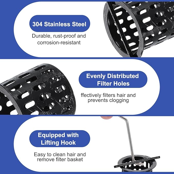 uxcell Hair Strainer, 304 Stainless Steel Shower Drain Strainer with Lifting Hook Hair and Debris Collector Debris Filter Basket for Bathroom Kitchens, Black