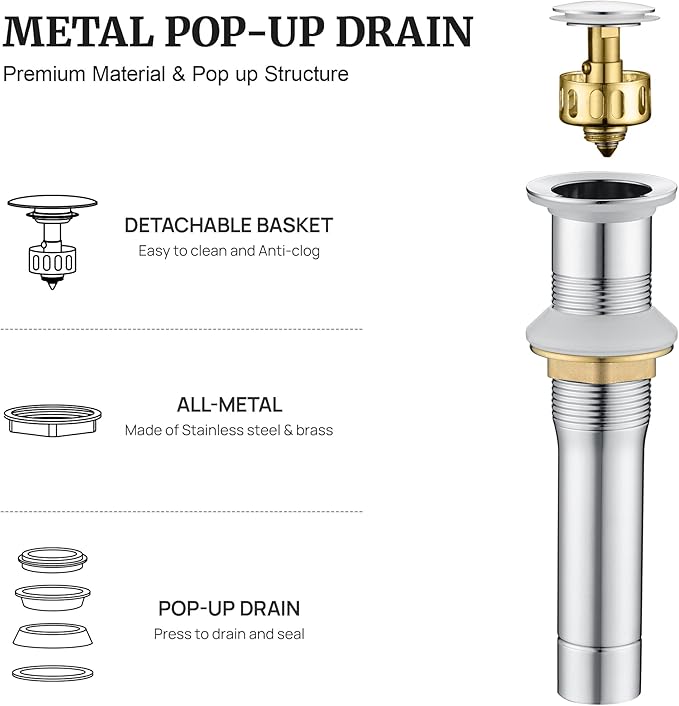 Pop up Sink Drain Stopper for Bathroom Vessel Vanity Sink Art Basin Chrome, Small Cap Without Overflow, Metal Pop-up Drain Strainer with Detachable Basket Stopper