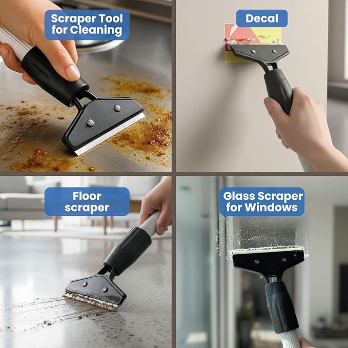 KATARY Long Handle Floor Scraper and Wall Tile Scraper Tool with Razor Blade with Tool Bag and 3-Piece Cleaning Brush Set - Grout, Concrete and Glue Remover Kit