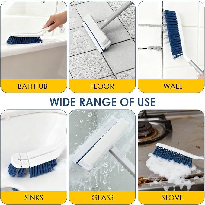 3 Pack Bathroom Shower Scrub Brush Set - Detachable Stiff Bristle Grout Cleaner Brush, 2-in-1 Shower Glass Squeegee with Replacement Sponges, Scrubbing Brushes for Cleaning Bathtub, Gaps, Tile, Sink
