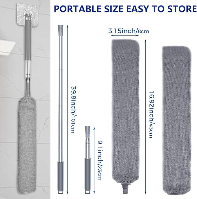Retractable Gap Dust Cleaner with Extension Pole, Cleaning Tools with 2 Microfiber Dusting Cloths, Washable Extendable Long Handle Gap Dusters for for Sofa Bed Furniture Bottom (2pcs Duster Cloths)
