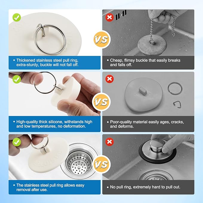 Hibbent 6 Pieces Drain Stopper, Rubber Kitchen Sink Drain, Sink Stopper Drain Plug with Pull Ring for Kitchen, Bathtub, Bathroom and Laundry Sink in 6 Different Sizes, White