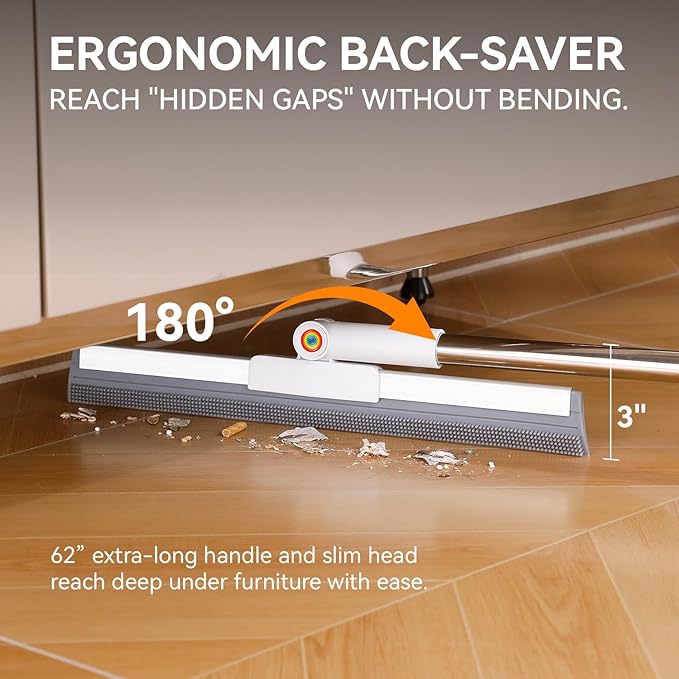 Squeegee Broom for Floor, 62" Long Handle Rubber Broom for Pet Hair Removal, Magic Broom Squeegee for Garage Floor, Concrete, Tile, Carpet & Windows with 2 Microfiber Pads
