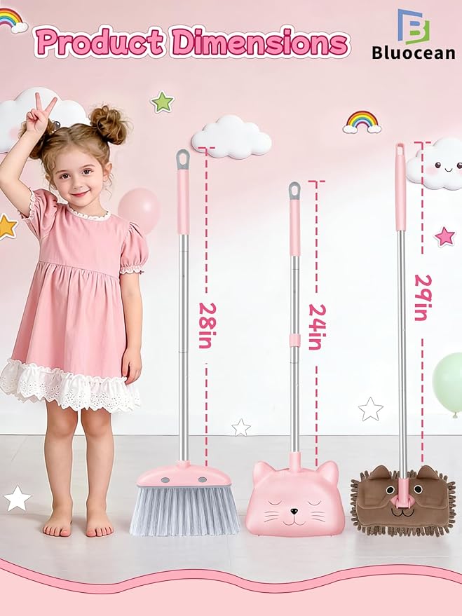 28'' Kids Mini Broom with Dustpan & Mop Set - Toddler Cleaning Toy, Toddler Household Helper, Parent-Child Interactive Play Cleaning Tool, Cute Cartoon Design, Small Safe Corner Broom (Pink)