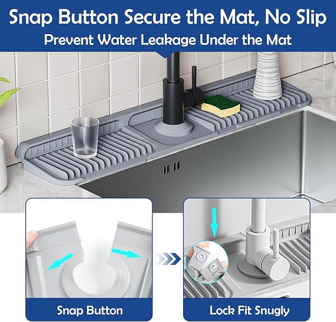24"Longer Silicone Faucet Mat For Kitchen Sink Splash Guard -7° Slope Snap Lock- Sink Faucet Mat Splash Guard Kitchen Sink Area Silicone Sink Water Splash Guard Behind Faucet (Gray, 24"x5.5")