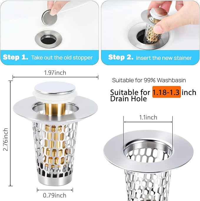 Bathroom Sink Drain Stoppers with Hair Catcher for 1.15-1.3 in,Universal Pop Up Filter Stainless Steel Sink Drain Stopper Anteecana