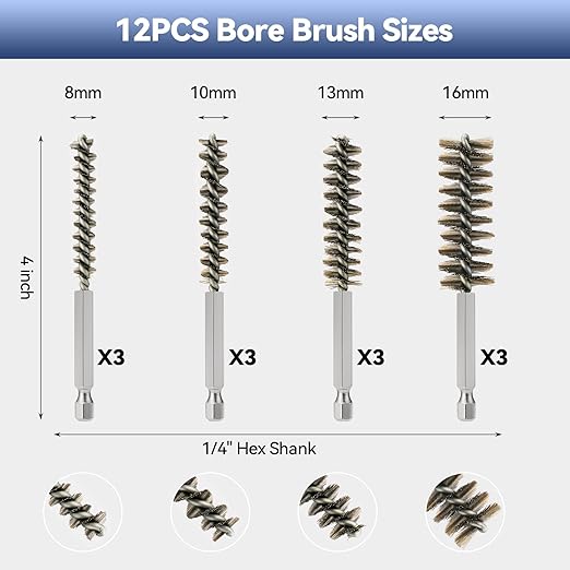 12 Pcs Stainless Steel Bore Brush, Wire Brush for Drill Set with 1/4 Inch Hex Shank, Abrasive Wire Bore Brush for Power Drill, Rust Polish and Tube Cleaning (8,10,13,16mm)
