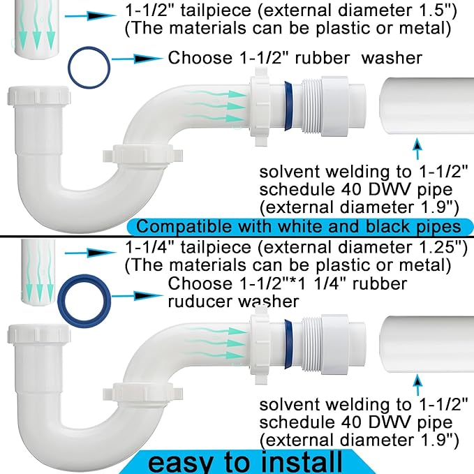(2 Pack) Yariwiz White 1-1/2 inch P Trap for Bathroom Kitchen Sink Drain Replacement Tubular Plumbing Pipe Assembly KSD-001W(2 PACK)