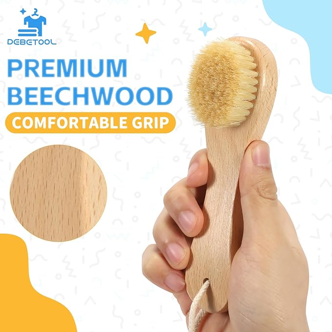 3-Piece Wooden Laundry Brush for Stains on Clothes - Gentle Boar Bristle Laundry Scrub Brush Stain Remover for Delicate and Everyday Fabrics
