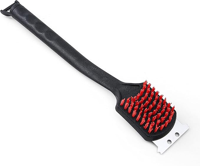 Kingsford Grill Cleaning Brush with Nylon Bristles and Scraper, Heavy Duty BBQ Grill Cleaner Tool with Rubber Handle and Bottle Opener, Outdoor Grill Brush for Cooled Grates, 17 Inch