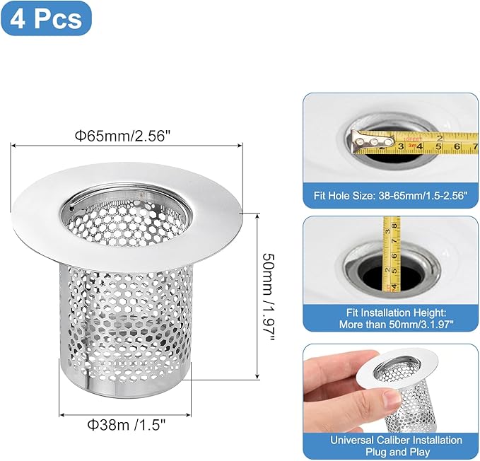 uxcell 4 Pack Shower Drain Strainer, 2" x 2.6" 304 Stainless Steel Floor Drain Strainer Deep Sink Hair Catcher for Kitchen Bathroom Balcony Floor Drain, Fit Hole Size from 1.5" to 2.6"