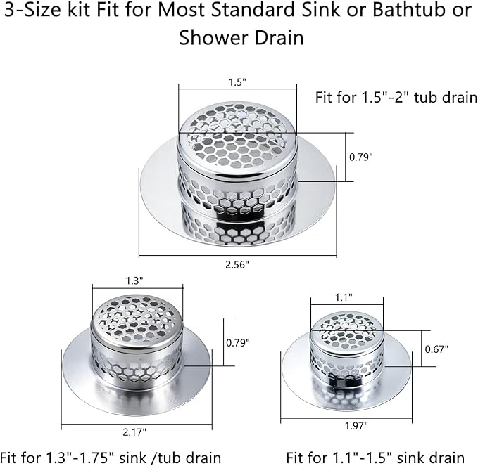 Bathroom Drain Strainers (Set of 3 Sizes), Hair Catcher for Bathroom Sink Bathtub Shower Floor Drain, Stainless Steel Filter Trap Fit Drain Hole from 1.2” to 2.17”