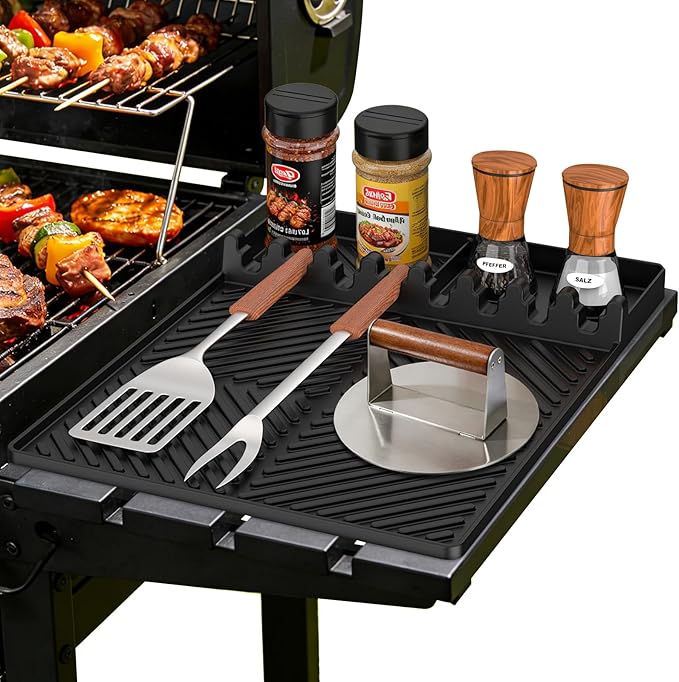 Griddle Mat Barbeque Grill Accessories Tools for Blackstone, Side Shelf Mat Grill Pad for Outdoor Grill Kitchen Counter Spatula Silicone Mat with Drip Pad for Kitchen, Cooking, Countertop (Black)