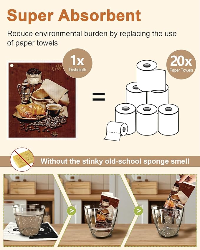 Miss Adola Kitchen Swedish Dishcloths with Hooks - 6 Pack Reusable Dish Cloths for Washing Dishes Fast Drying Cute Fun Swedish Dish Towels Washable Cleaning Sponge, Brown Coffee