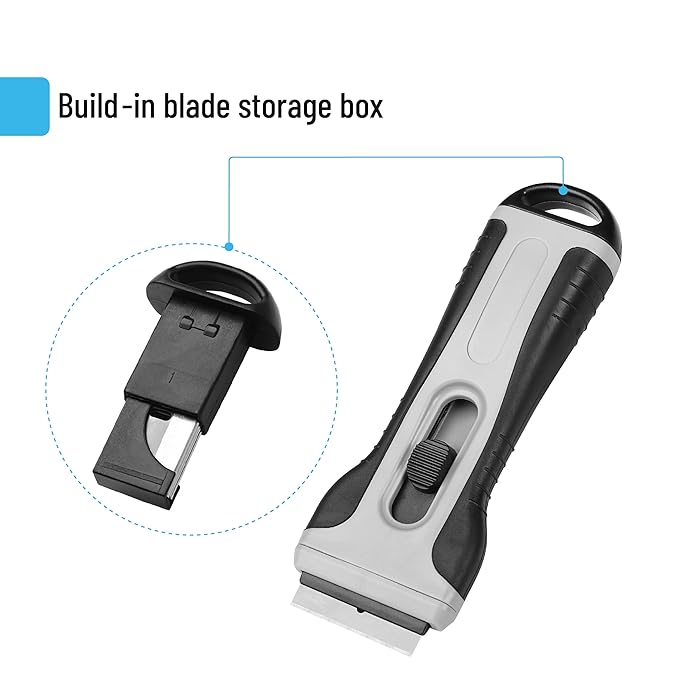 Bates- Razor Blade Scraper Tool, 2 Pack, Gray, 30 Extra Carbon Steel Blades, Anti-Slip Ergonomic Handle Design, Razor Scraper with Buid-In Blade Storage for Cleaning Window, Paint, Oven, Glass Stove