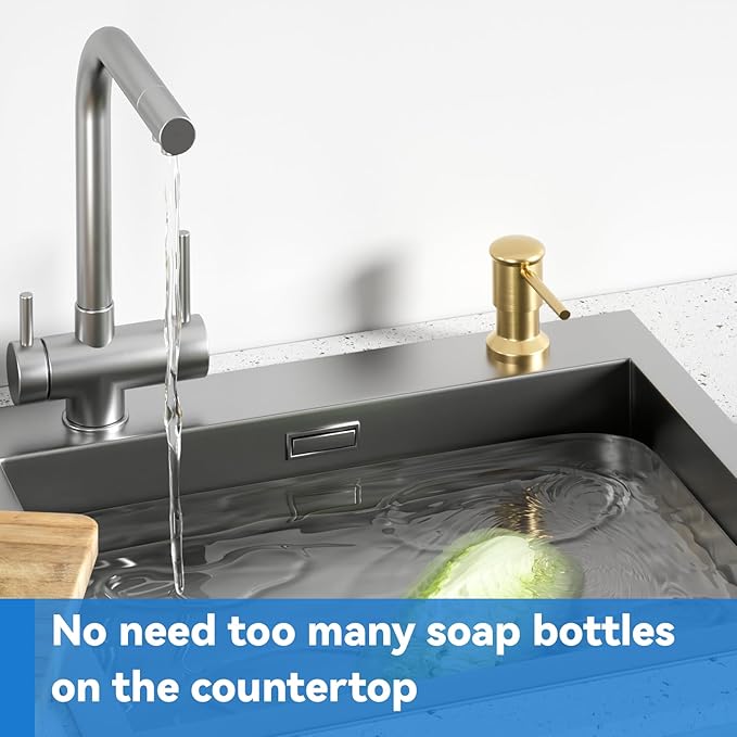 Dish Soap Dispenser, Kitchen Sink Soap Dispenser Pump with 17 OZ Bottle, Refill from The Top, Wide Pump Head Base (Golden)