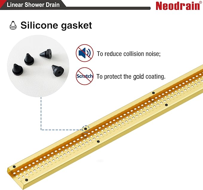 Neodrain 24-Inch Brushed Brass Linear Shower Drain with Removable Quadrato Pattern Grate, 304 Stainless Steel Gold Rectangle Shower Floor Drain, Bathroom Linear Drain & Hair Strainer, CUPC Certified