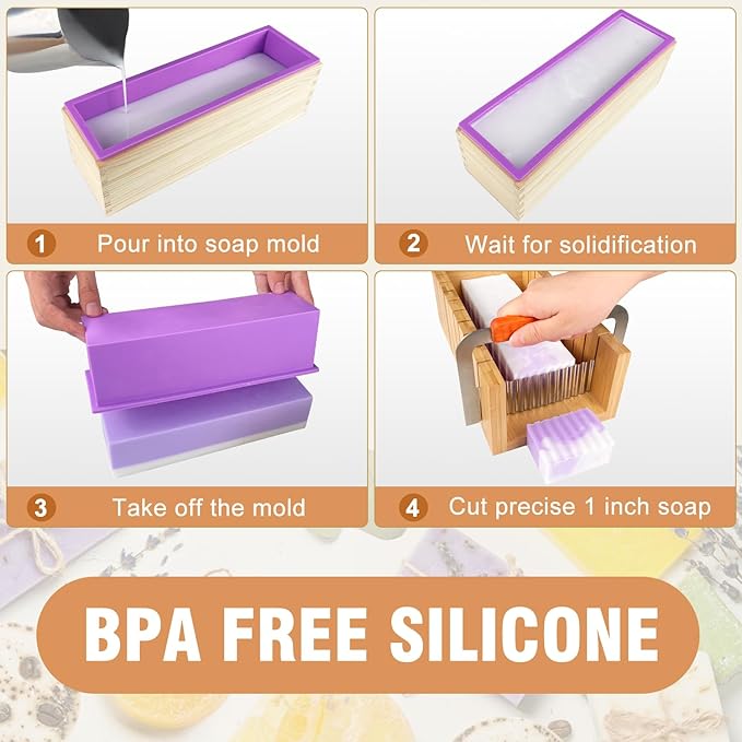 Walfos Soap Mold for soap Making, Soap Making kit - 42 oz Silicone Loaf soap Mold Set with Rectangular Wood Box & Bamboo Cutter Measuring Box, 2 Scraper for Soaps Making