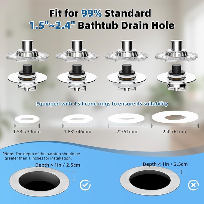 Metal 2 Pack Bathtub Drain Stopper with Top Hair Catcher, Visible Top Strainer Tub Stopper, Upgraded 3 in 1 Pop-up Drain Plug Fit for 1.5 to 2.4" Hole, Stainless Steel Filter Basket