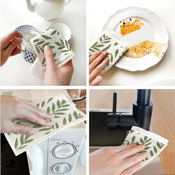 Swedish Dishcloths for Kitchen 6 Pack Eucalyptus Cellulose Sponge Cloths Non Scratch Reusable Paper Towels Biodegradable and Reusable Kitchen Dish Rags (Moss Green)