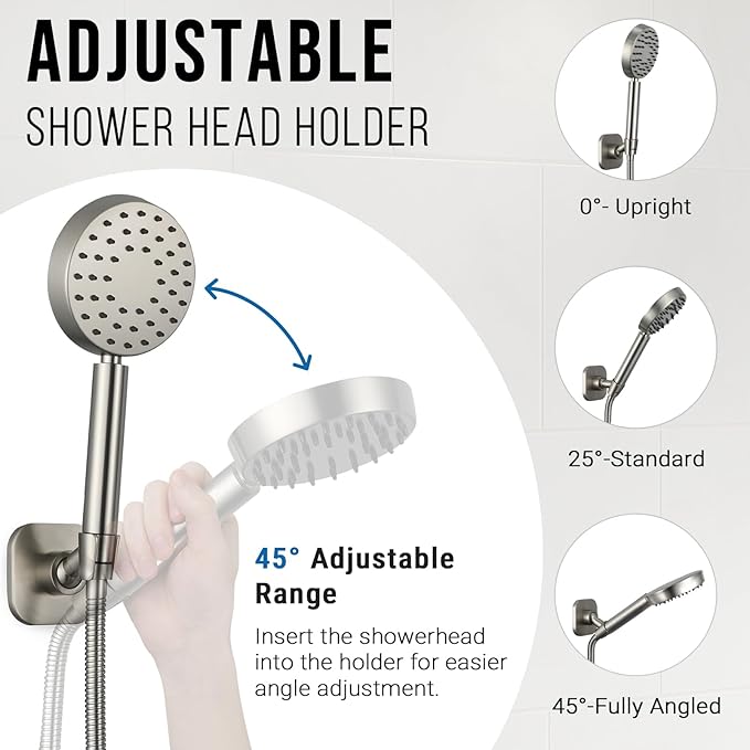 G-Promise Metal Handheld Shower Head Holder, Adjustable Wall Mount Shower Wand Bracket, Strong Adhesive Disc Mount or Drill Installation (Square, Brushed Nickel)