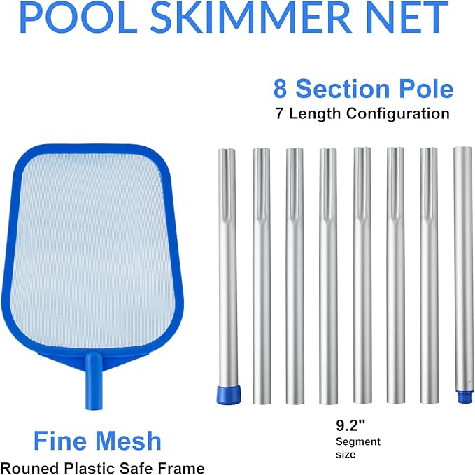 Pool Skimmer - Pool Skimmer Net with 8 Section Adjustable Telescopic Aluminum Pole, 23''- 87'', Pool Net Skimmer Rake with Ultra Fine Mesh , Pool Leaf Skimmer for Swimming Pools, Spas, Hot Tubs
