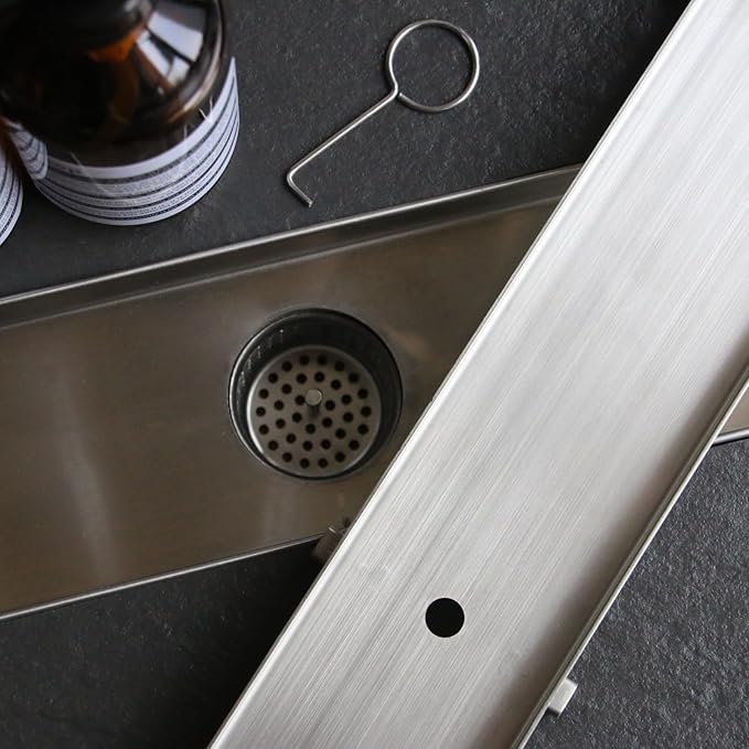 Sharpeye 28 Inch Linear Shower Drain with Tile Insert Grate, Brushed Nickel 304 Stainless Steel Rectangle Shower Floor Drain for Bathroom, CUPC Certified, with Hair Strainer, Leveling Feet