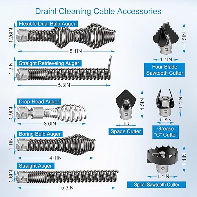10Pcs Drain Snake Drill Attachment, Includes 4 Cutters and 5 Spirals, Drain Auger Cutter Kit, Compatible with K-400,C-4,C-6,C-7,C-8,and C-9 Models