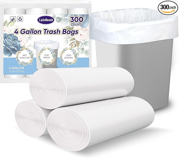 LainNeala Small Trash Bags 4 Gallon, 300 Count Small Garbage Bag Bathroom White Mini Trash Bag Trash Can Liners Unscented Garbage Bags for Bathroom Can
