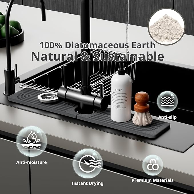 Faucet Mat for Kitchen Sink - 15.8" Quick Drying Sink Splash Guard - Water Absorbent Diatomaceous Tray Mats for Bathroom - Dark Gray