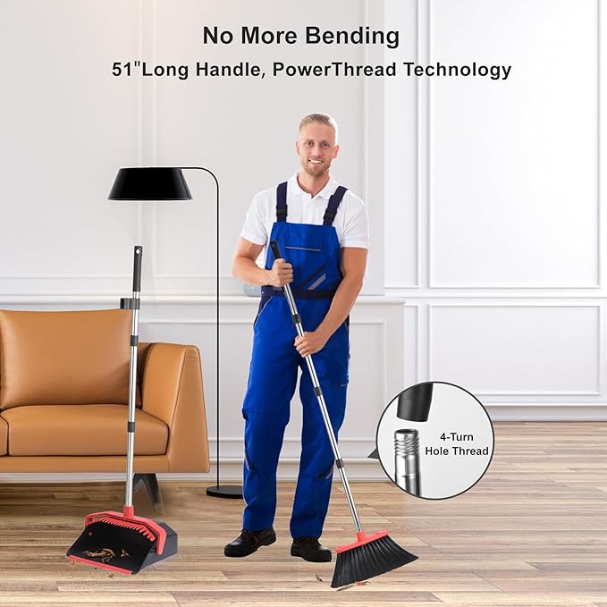 Upgrade Broom with Dustpan Combo Set, Broom and Dustpan Set with 51'' Long Handle, Dust Pan and Brooms, ZeroGap Lip, Self-Cleaning Dustpans Teeth for Lobby Kitchen Restaurant - Black and Red