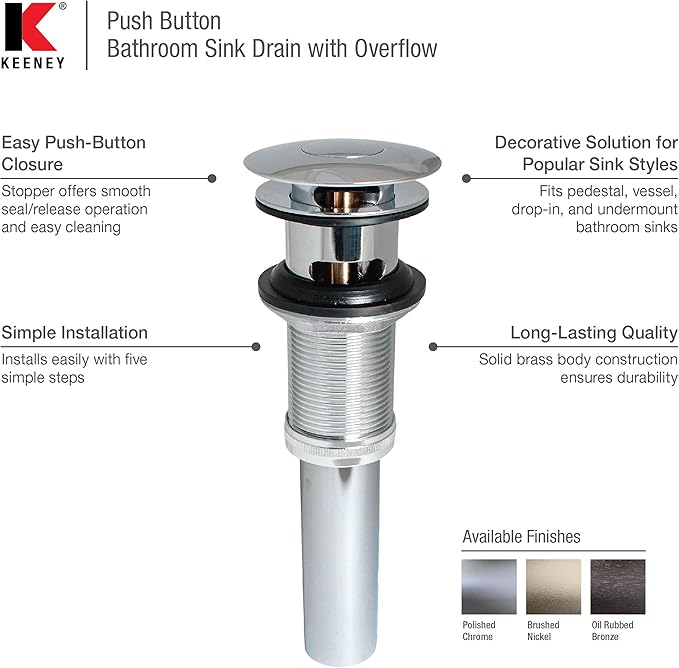 Keeney Universal Button Bathroom Sink Drain with Overflow, Polished Chrome