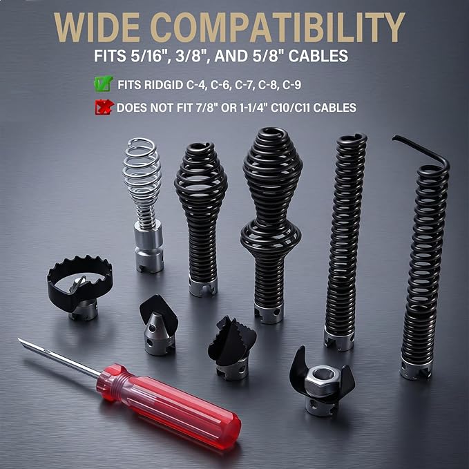 10-Piece Drain Snake Attachment Kit for RIDGID, Drain Cable Cutter Set for 5/8" (16mm) Heavy-Duty Cables, Compatible with K-400 C-4 C-6 C-7 C-8 C-9 Models