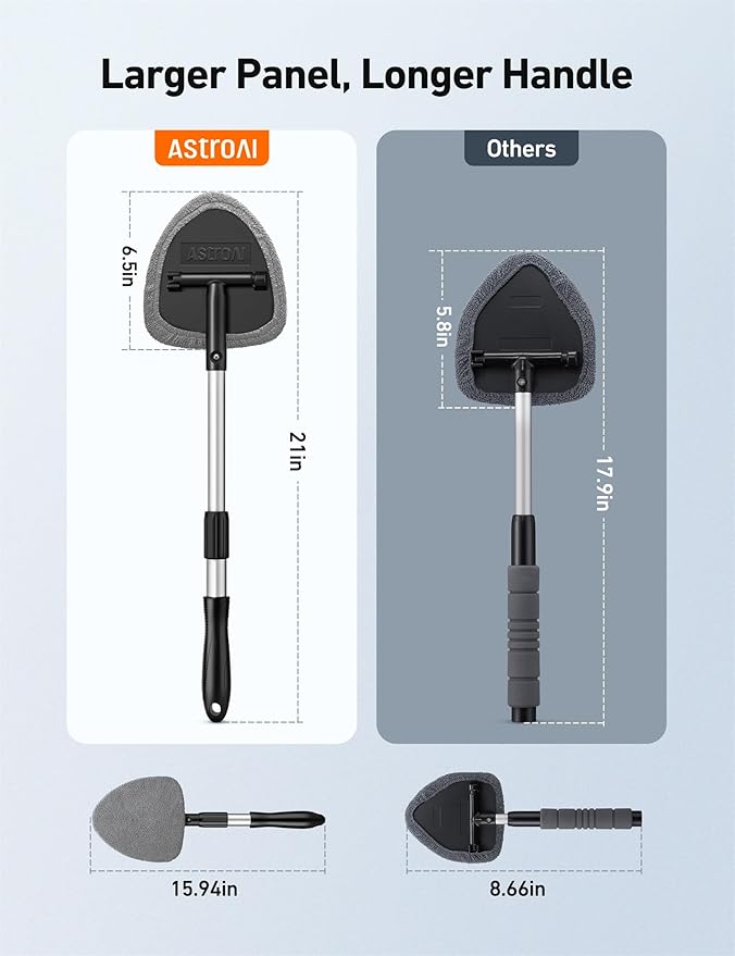 AstroAI 21" Windshield Cleaner Tool, Car Interior Detailing Cleaning Kit with Extendable Handle and 4 Upgraded High-Density Reusable Microfiber Pads, Auto Glass Wiper Brush Kit for Cars, Gray, 2 Pack
