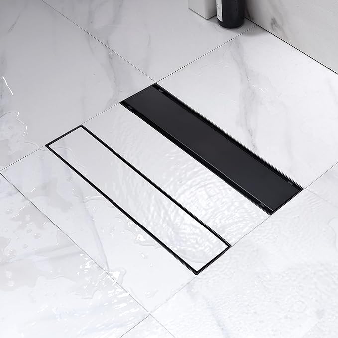 12 Inch Linear Shower Drain Matte Black, Rectangular Reversible 2 in 1 Tile Insert Grate, 304 Stainless Steel Shower Floor Drain Kit, Hair Catcher, Leveling Feet