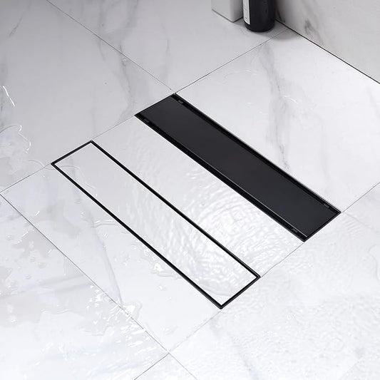 12 Inch Linear Shower Drain Matte Black, Rectangular Reversible 2 in 1 Tile Insert Grate, 304 Stainless Steel Shower Floor Drain Kit, Hair Catcher, Leveling Feet