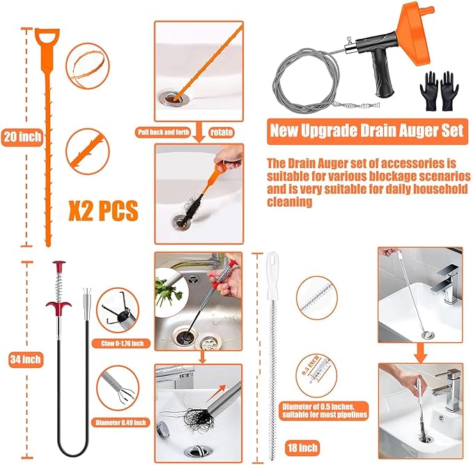 Drain Snake Auger 33 Feet, Plumbing Snake Drain Hair Clog Removal Tool, Sink Unclogger Drain, Heavy Duty Toilet Snake Auger, Cleaner Tool for Bathroom Kitchen Tub Shower Drain Clog Remover with Gloves